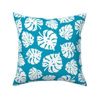 Monstera Leaves in freefall - white on turquoise blue, medium/large 