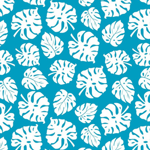 Monstera Leaves in freefall - white on turquoise blue, medium/large 