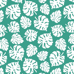 Monstera Leaves in freefall - white on sea green, medium/large 