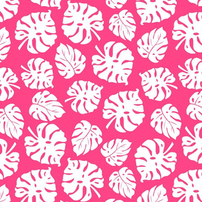 Monstera Leaves in freefall - white on hot pink, medium/large 