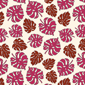 Monstera Leaves in freefall - ruby on cream beige, medium/large 