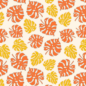 Monstera Leaves in freefall - citrus on cream beige, medium/large 