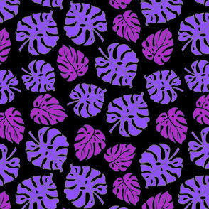 Monstera Leaves in freefall - purple on black, medium/large 