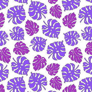 Monstera Leaves in freefall - purple on white, medium/large 