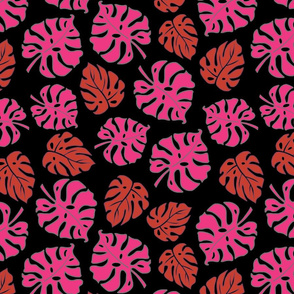 Monstera Leaves in freefall - hot pink on black, medium/large 