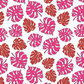 Monstera Leaves in freefall - hot pink on white, medium/large 
