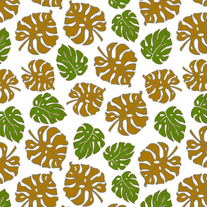 Monstera Leaves in freefall - copper green on white, medium/large 