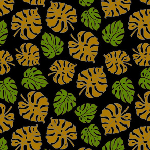 Monstera Leaves in freefall - copper green on black, medium/large 