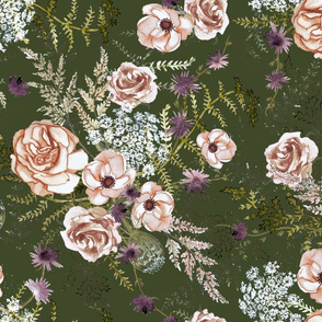 Hand drawn floral bouquet neutral floral on olive green, large scale, earth tones, neo-romanticism, orange and green, cottage core, romantic floral,  nursery wallpaper, baby girl, woodland flowers, soft, hand painted, fern wild flower, rose