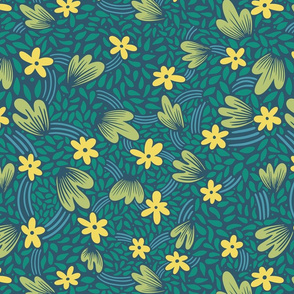 flowers in the wind yellow and green on dark blue
