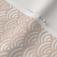 Block Printed Waves in Soft Sand (xl scale) | Seigaiha fabric, Japanese block print pattern of ocean waves, surf fabric, sandy beige boho print for coastal decor, seaside, beach.