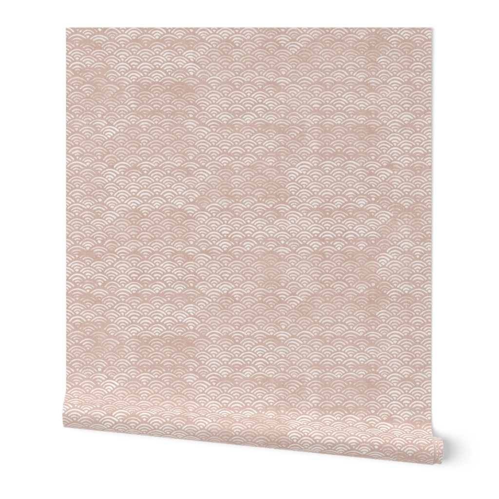 Block Printed Waves in Seashell (xl scale) | Seigaiha fabric, pink beige, Japanese block print pattern of ocean waves, shell boho print in neutral pink for coastal decor, beach accessories.