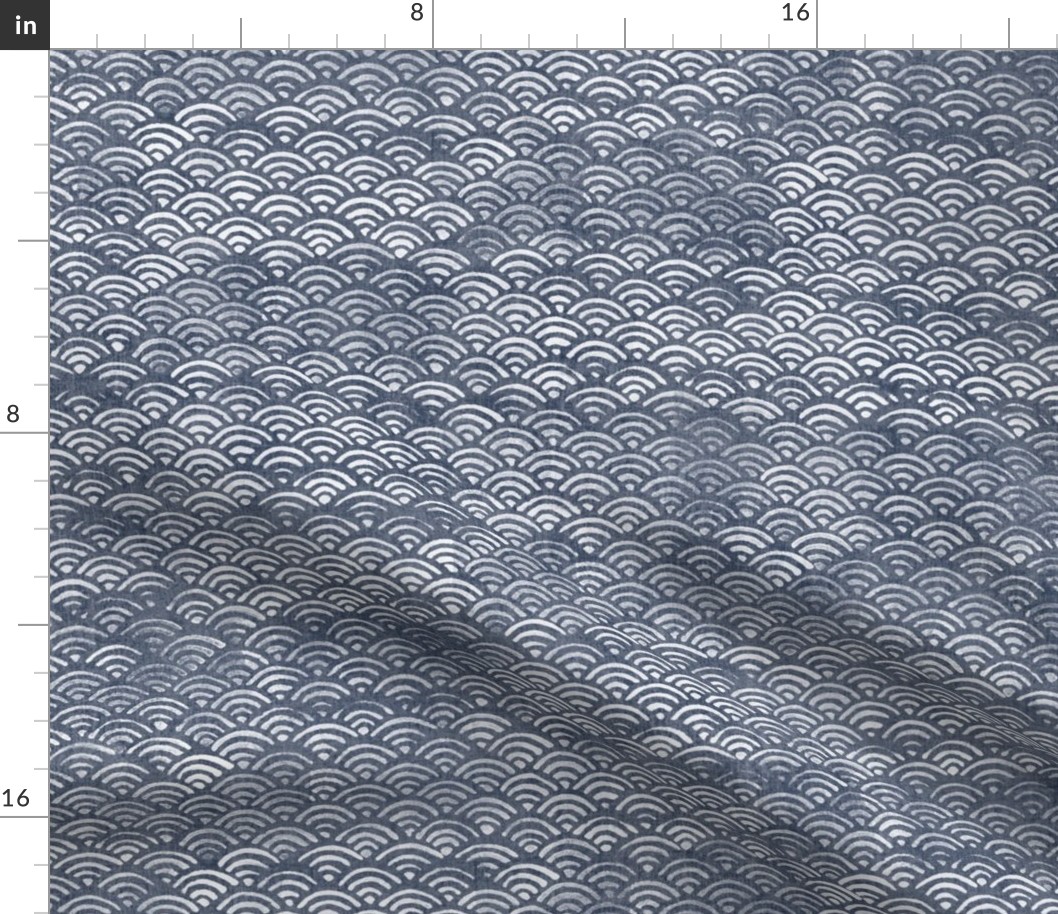 Block Printed Waves in Faded Indigo Blue (xl scale) | Seigaiha fabric, Japanese block print pattern of ocean waves, surf fabric, boho print for coastal decor, seaside, beach accessories.