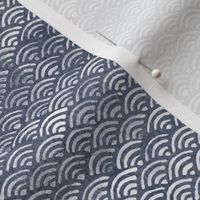 Block Printed Waves in Faded Indigo Blue | Seigaiha fabric, Japanese block print pattern of ocean waves, surf fabric, boho print for coastal decor, seaside, beach accessories.