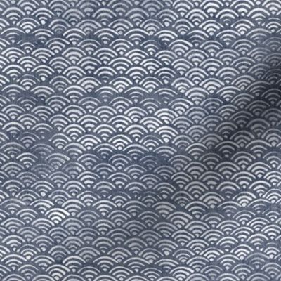 Block Printed Waves in Faded Indigo Blue | Seigaiha fabric, Japanese block print pattern of ocean waves, surf fabric, boho print for coastal decor, seaside, beach accessories.