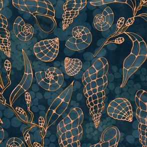 Seashells and seaweed outlines on dark blue teal