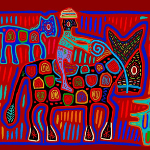 Vaquero y Caballos - Scarlet Red Blue Panama Mola - Kuna Indian