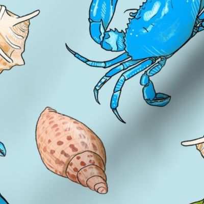 Large - Blue Crabs and Shells on Blue