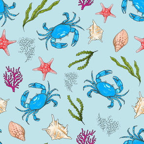 Large - Blue Crabs and Shells on Blue