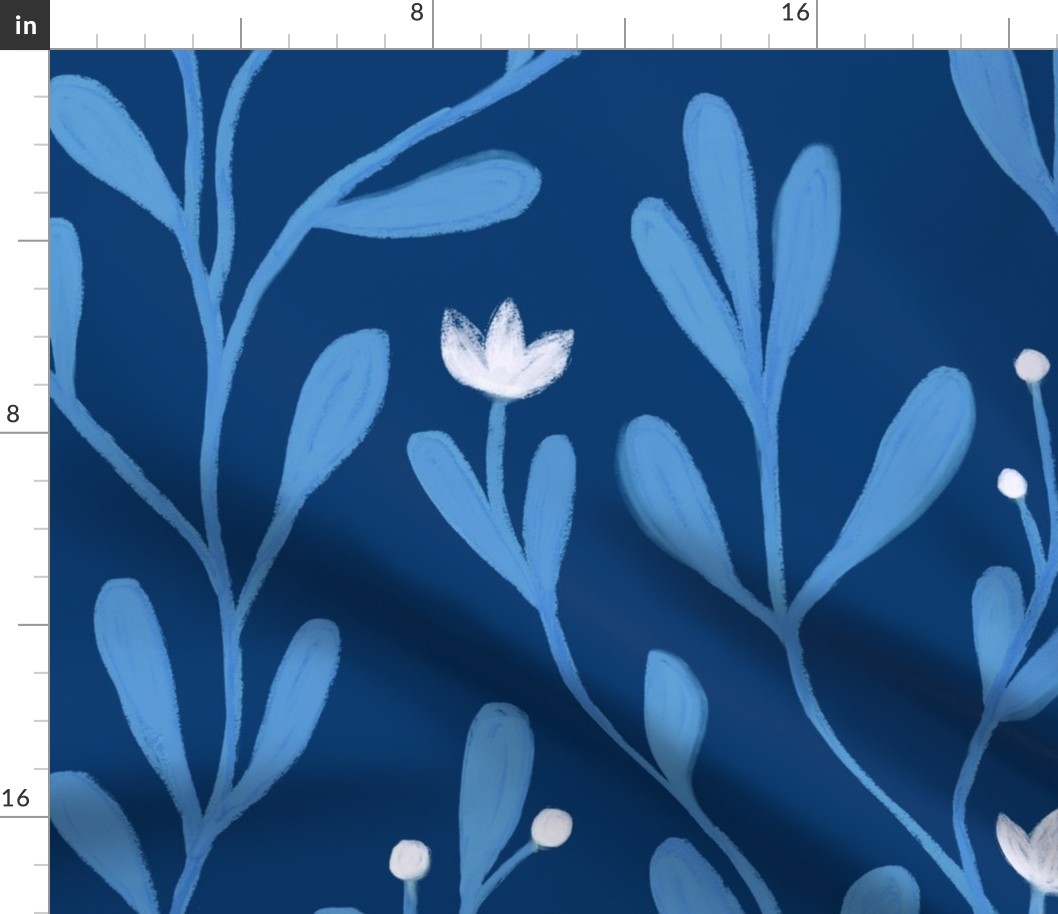 Big. Blue watercolor leaves and white flowers