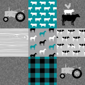 Farm themed patchwork wholecloth - turquoise & grey  C19BS