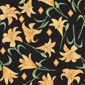 Lilies Yellow on Black Medium 8"