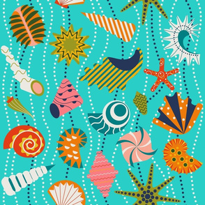 Seashells in vibrant colors and shimmering pearls on a blue background_ jumbo scale