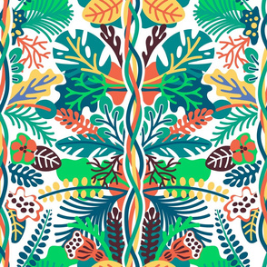 Tropical flora in bright_ juicy colors with vertical vines on a white background_ jumbo scale