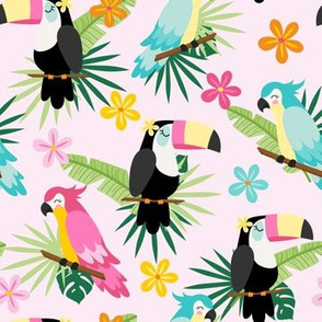 (M Scale) Tropical Birds With Leaves on Light Pink