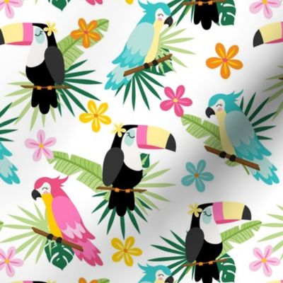 (M Scale) Tropical Birds With Leaves on White