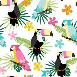 (M Scale) Tropical Birds With Leaves on White
