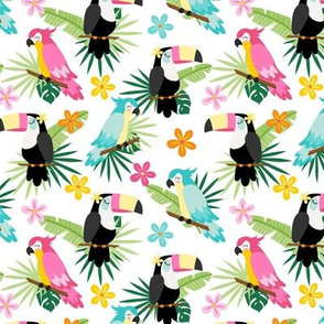 (S Scale) Tropical Birds With Leaves on White