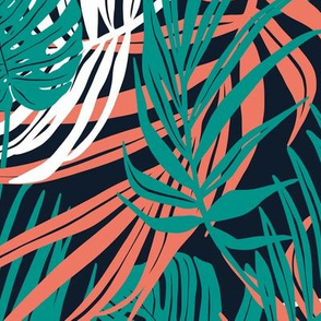Hideaway - Tropical Palm Leaves Navy Aqua Coral Large Scale