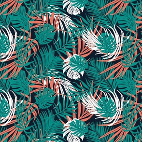 Hideaway - Tropical Palm Leaves Navy Aqua Coral Small Scale