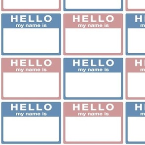 cut-and-sew 'Hello my name is' labels in a grid -  muted pink and slate blue