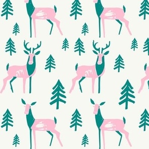 Reindeer Woodland Scene, Brushed Ink Drawing, Pink and Green