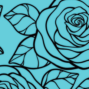 Large Rose Cutout Pattern - Brilliant Cyan and Black