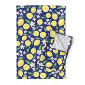 Large Scale Lemons and Flowers on Navy Burlap Linen Texture Background