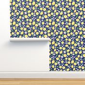 Large Scale Lemons and Flowers on Navy Burlap Linen Texture Background