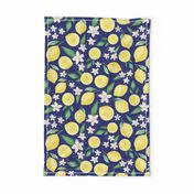 Large Scale Lemons and Flowers on Navy Burlap Linen Texture Background