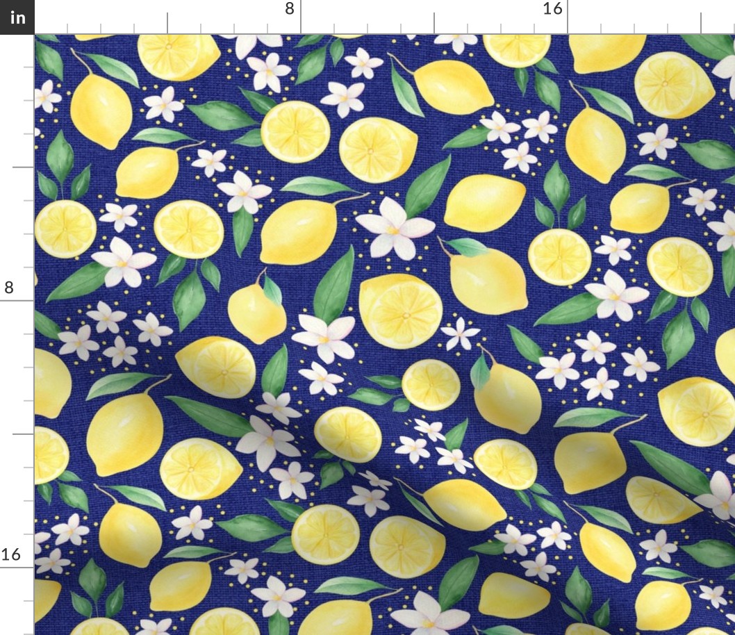 Large Scale Lemons and Flowers on Navy Burlap Linen Texture Background