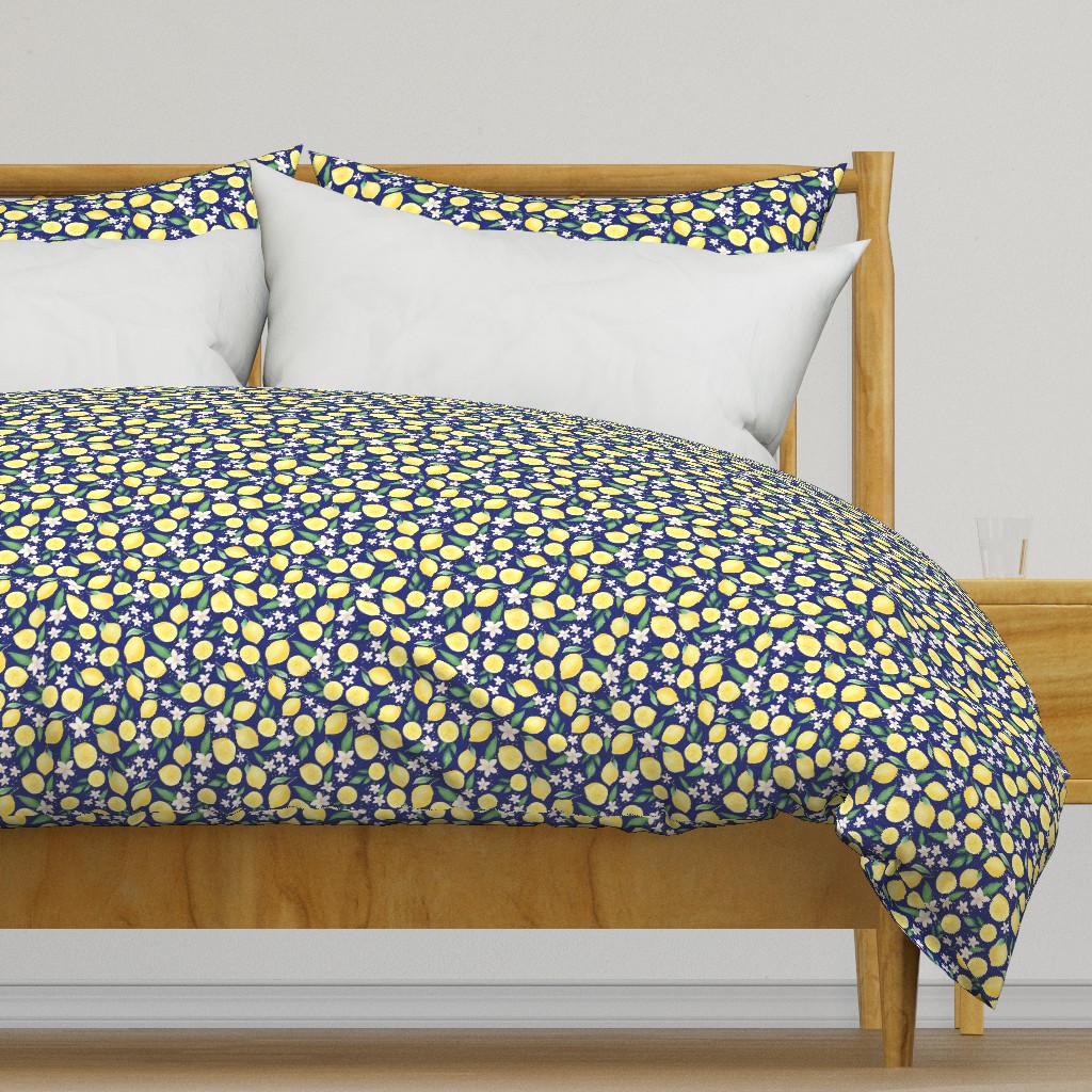 Medium Scale Lemons and Flowers on Navy Burlap Linen Texture Background
