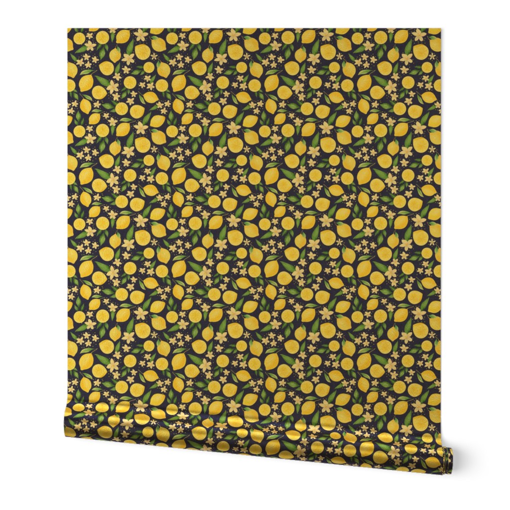 Medium Scale Lemons and Flowers on Navy Burlap Linen Texture Background