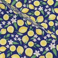 Medium Scale Lemons and Flowers on Navy Burlap Linen Texture Background