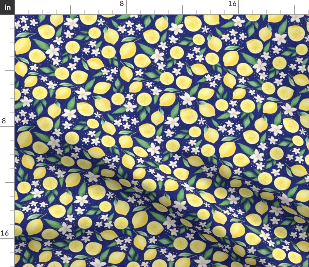 Medium Scale Lemons and Flowers on Navy Burlap Linen Texture Background