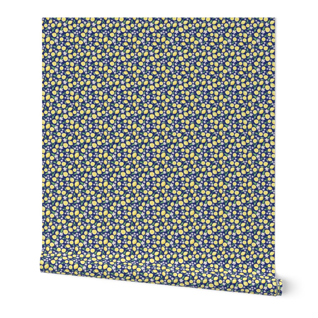 Small Scale Lemons and Flowers on Navy Burlap Linen Texture Background