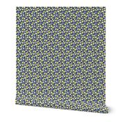 Small Scale Lemons and Flowers on Navy Burlap Linen Texture Background