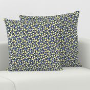 Small Scale Lemons and Flowers on Navy Burlap Linen Texture Background