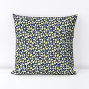 Small Scale Lemons and Flowers on Navy Burlap Linen Texture Background