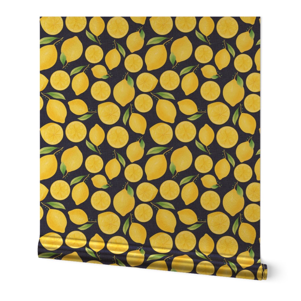 Large Scale Watercolor Lemons and Slices on Navy Burlap Linen Texture Background